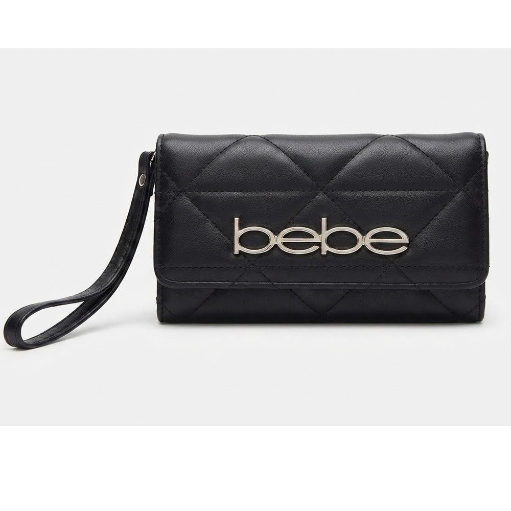 Bebe Black Quilted Faux Leather Wristlet Wallet Gold Logo Snap Closure Organizer